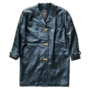 LNR Genuine Leather Buttoned Trench Coat Jacket Black Gold Metallic Size M